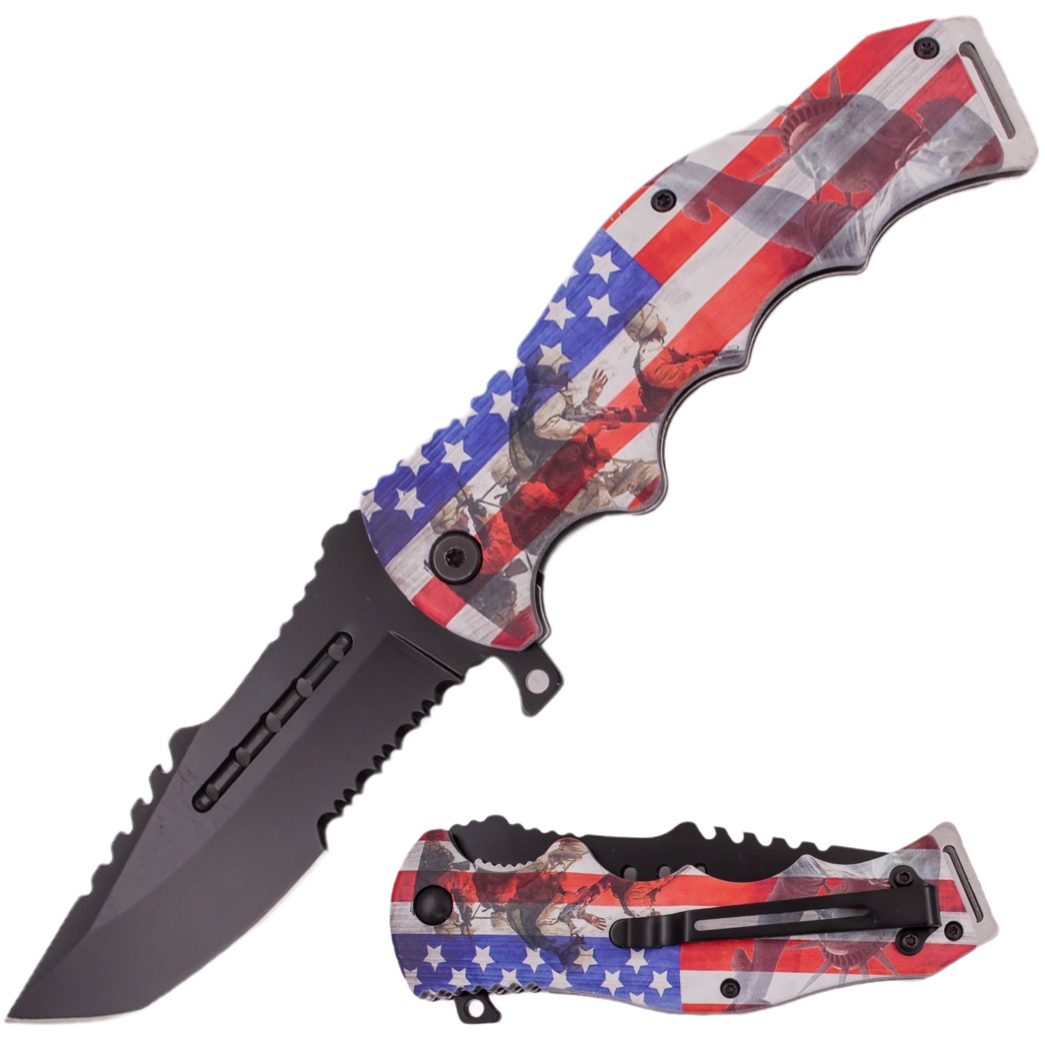 8 Inch Spring Assisted ErgoHandle Half Serration Honor Americana Knife   Flag Liberty Statue