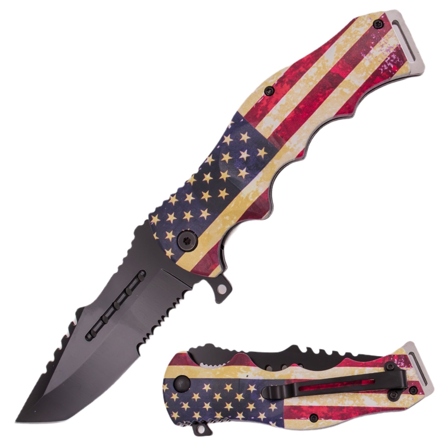 8 Inch Spring Assisted ErgoHandle Half Serration Honor Americana Knife   Flag of Grunge