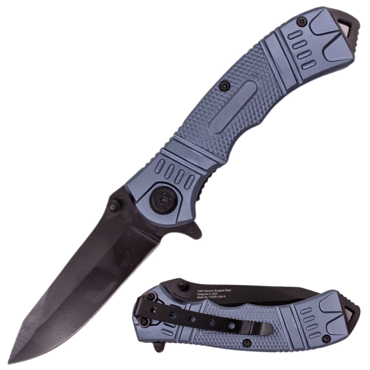 8 Inch Spring Assisted TechTact Knife DP Blade   Grey