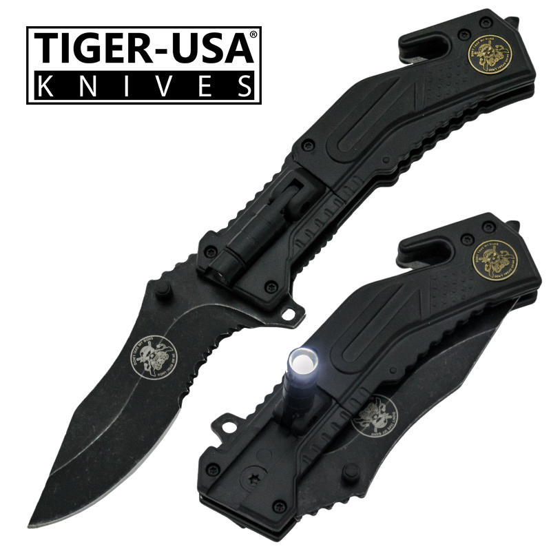 Spring Assisted LED Flash Light Tactical Knife, Black-DTG