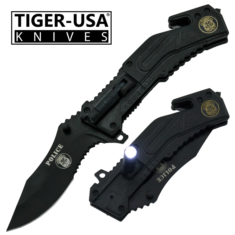 Spring Assisted LED Flash Light Tactical Knife, Black